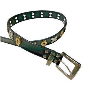 Women's Medium DONNA KATZ Vintage Black Leather Belt Gold & Silver Toned Concho